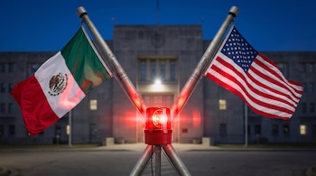 Dos banderas cruzadas, de México y Estados Unidos, con una sirena roja encendida en el centro y un edificio desenfocado de fondo.