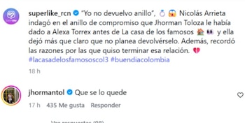 Así reaccionó el exprometido de Alexa al revelar que, aunque ya no use el anillo de compromiso, no lo regresará - crédito @superlike_rcn/ Instagram
