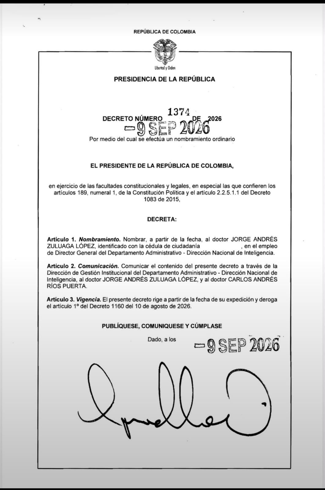 El presidente Abelardo De La Espriella puso a Jorge Andrés Zuluaga al frente de la DNI, una entidad adscrita directamente a la Presidencia - crédito Cortesía