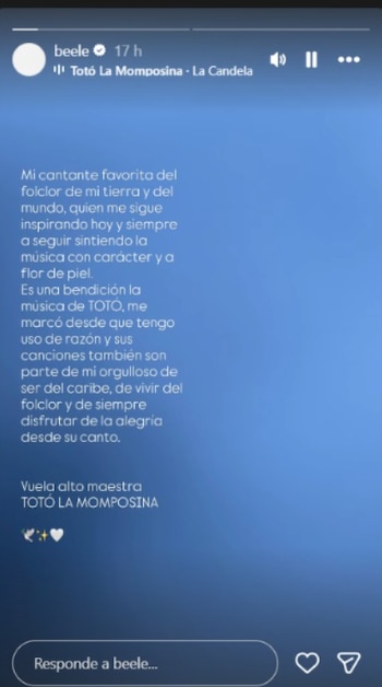 Beéle expresó públicamente su admiración por Totó La Momposina, a quien definió como “mi cantante favorita del folclor de mi tierra y del mundo” - crédito @beele / Instagram