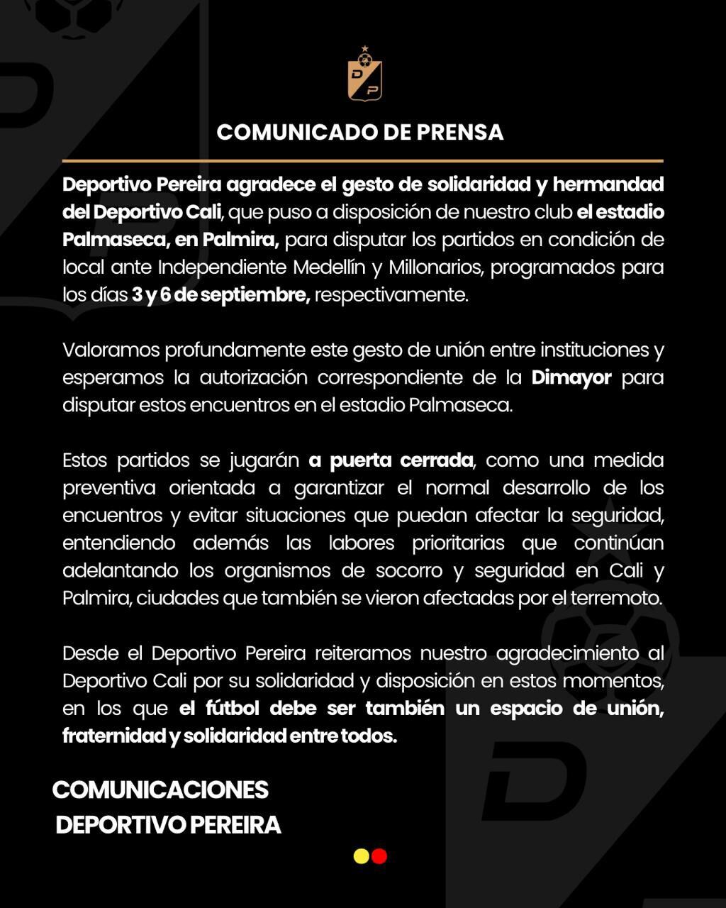 Deportivo Pereira agradeció al Deportivo Cali y Palmira por abrirle las puertas para ser local en Palmaseca - crédito Deportivo Pereira