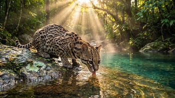 Un ocelote agachado sobre una roca bebe agua en un arroyo rodeado de vegetación y luz solar.