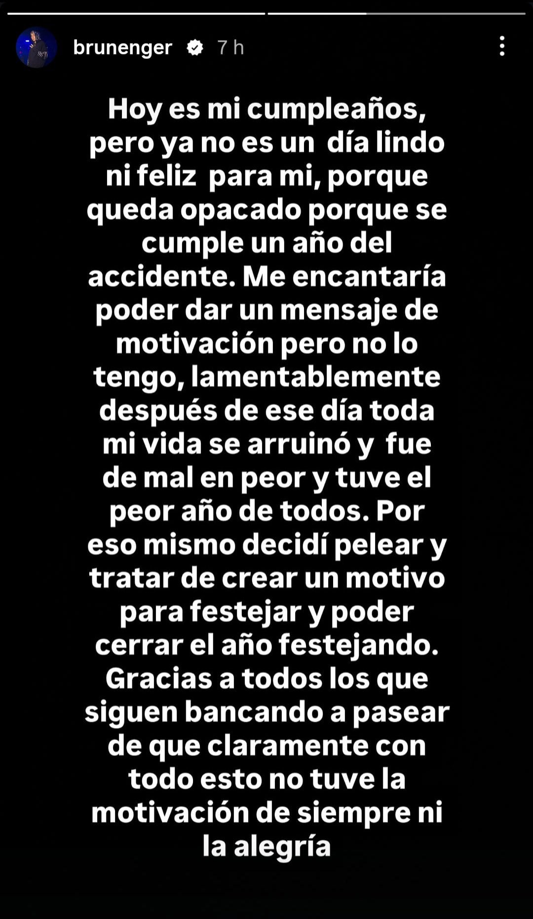 El doloroso mensaje de Brunenger a un año del choque en Panamericana (Instagram)