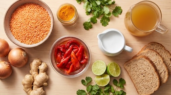 Vista cenital de lentejas rojas, cebollas, jengibre, pimientos asados, cúrcuma, cilantro, lima, leche de coco, caldo y pan sobre madera.