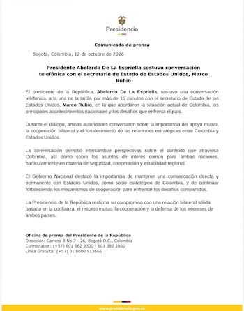 El presidente Abelardo de la Espriella sostuvo una conversación telefónica de más de 15 minutos con el secretario de Estado de Estados Unidos, Marco Rubio - crédito @infopresidencia/X