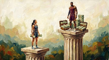 Pintura al óleo muestra a A'ja Wilson sobre un pilar bajo con poco dinero y a LeBron James sobre un pilar alto con mucho dinero en maletas y pilas.