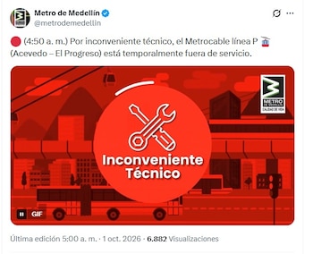 El Metro de Medellín suspendió la operación de la Línea P del Metrocable por un inconveniente técnico - crédito Metro Medellín/X