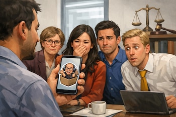 En una oficina, un hombre muestra un meme en su celular a cuatro colegas con expresiones mixtas. Balanza de justicia y martillo de juez aparecen en el fondo.