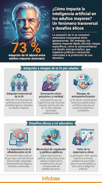 Infografía que muestra un hombre mayor con parte de su rostro digitalizado con circuitos, gráficos de datos y el número "73%", ilustrando la IA y adultos mayores.