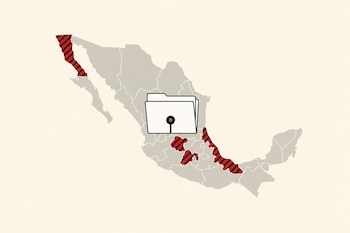 Mapa gris de México sobre fondo crema, con cinco estados cubiertos por franjas rojas y negras, y una carpeta blanca en el centro.
