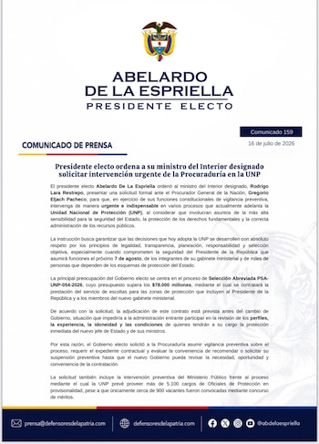 Abelardo de la Espriella ordenó a ministro del Interior, Rodrigo Lara, solicitar la intervención urgente de la Procuraduría en procesos de contratación de la UNP - crédito Prensa Abelardo de la Espriella