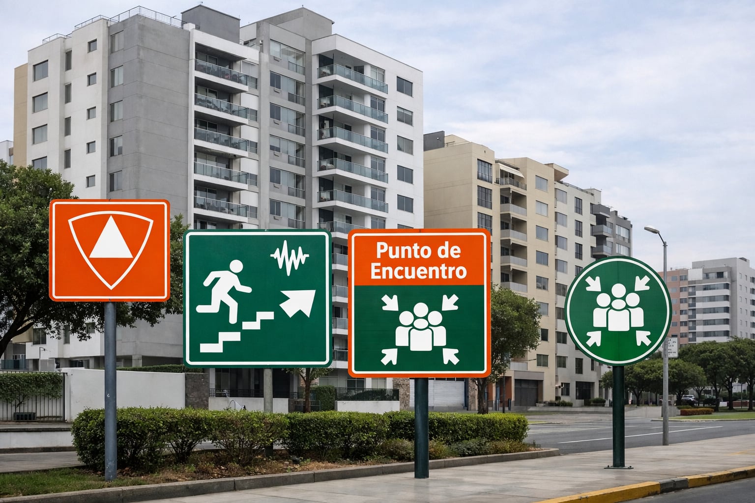 La señalética oficial del INDECI indica rutas de evacuación y puntos de encuentro en una zona residencial con edificios de altura media en Lima, Perú. (Imagen Ilustrativa Infobae)