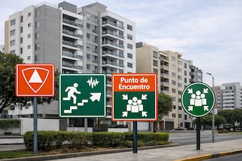 Cuatro carteles de emergencia en una vereda: logo INDECI, ruta de evacuación, "Punto de Encuentro" y reunión de personas, frente a edificios de Lima.