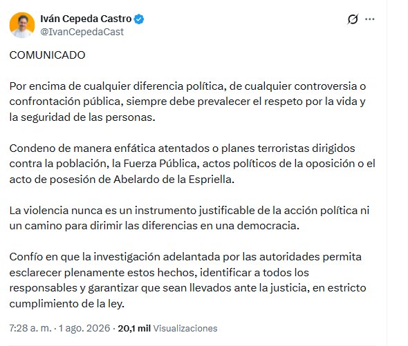El excandidato presidencial instó a las autoridades a investigar los ataques terroristas en la capital de Norte de Santander - crédito @IvanCepedaCast/X