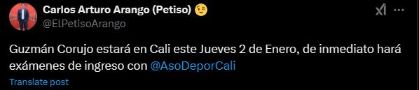 El uruguayo llegó el 2 de enero de 2025 para reforzar al Cali según la información del periodista deportivo - crédito @ElPetisoArango / X
