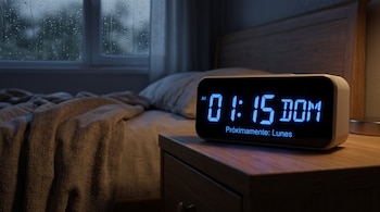 Un reloj digital con luz azul sobre una mesa de noche junto a una cama en un dormitorio oscuro con lluvia en la ventana.