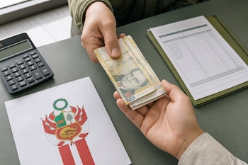 Dos manos intercambian billetes de cien soles sobre una mesa junto a una calculadora, una planilla y el escudo de Perú.