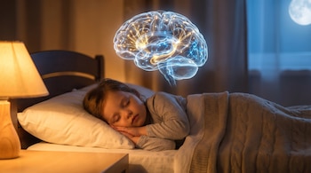 Un niño duerme plácidamente en la cama con una visualización 3D translúcida del cerebro flotando sobre su cabeza, mostrando conexiones neuronales brillantes.
