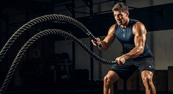 Hombre musculoso y sudoroso en un gimnasio, concentrado mientras realiza un ejercicio intenso con cuerdas de batalla que se elevan y bajan.