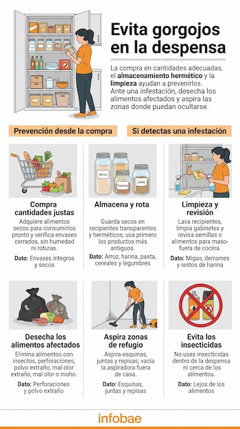Infografía ilustrada con consejos de almacenamiento de alimentos, frascos de vidrio, limpieza y aspirado, junto con el logotipo de Infobae.