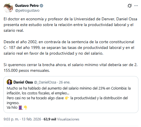 El jefe de Estado precisó que el ajuste del salario mínimo vital decretado se mantiene hasta la expedición de un decreto transitorio de la Presidencia - crédito @petrogustavo/X