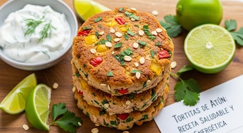 Pila de tres tortitas de atún doradas, con pimientos picados, perejil y copos de avena, sobre una tabla de madera. A su lado, un tazón de aderezo y limas.