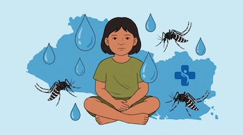 Ilustración de niño/a de piel canela, cabello oscuro, sentado, rodeado de gotas de agua y mosquitos Aedes aegypti. Fondo con mapa de El Salvador y cruz médica.