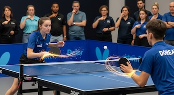 Dos jugadores compiten en un partido de tenis de mesa frente a un público diverso y atento, con efectos visuales en las raquetas.