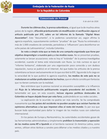 El comunicado de la Embajada de la Federación de Rusia en Colombia en el que se rechaza el informe difundido por EFE y se cuestiona su verificación- crédito Embajada Rusa en Colombia