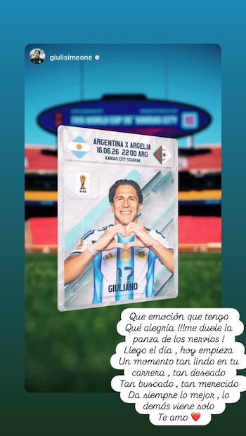 El mensaje de Carolina Baldini destacó que el debut de Giuliano Simeone en el Mundial 2026 fue un momento deseado y buscado en su carrera