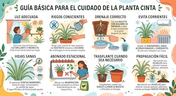 Infografía ilustrada con ocho recuadros explicativos con consejos sobre el cuidado y la propagación de una planta cinta en maceta