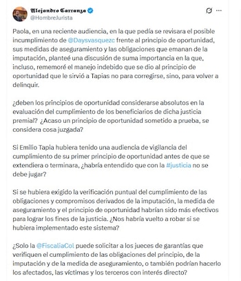 Alejandro Carranza comparó el caso de Day Vásquez con el de Emilio Tapia para insistir en que estos acuerdos deben estar sujetos a controles permanentes - crédito @HombreJurista/X