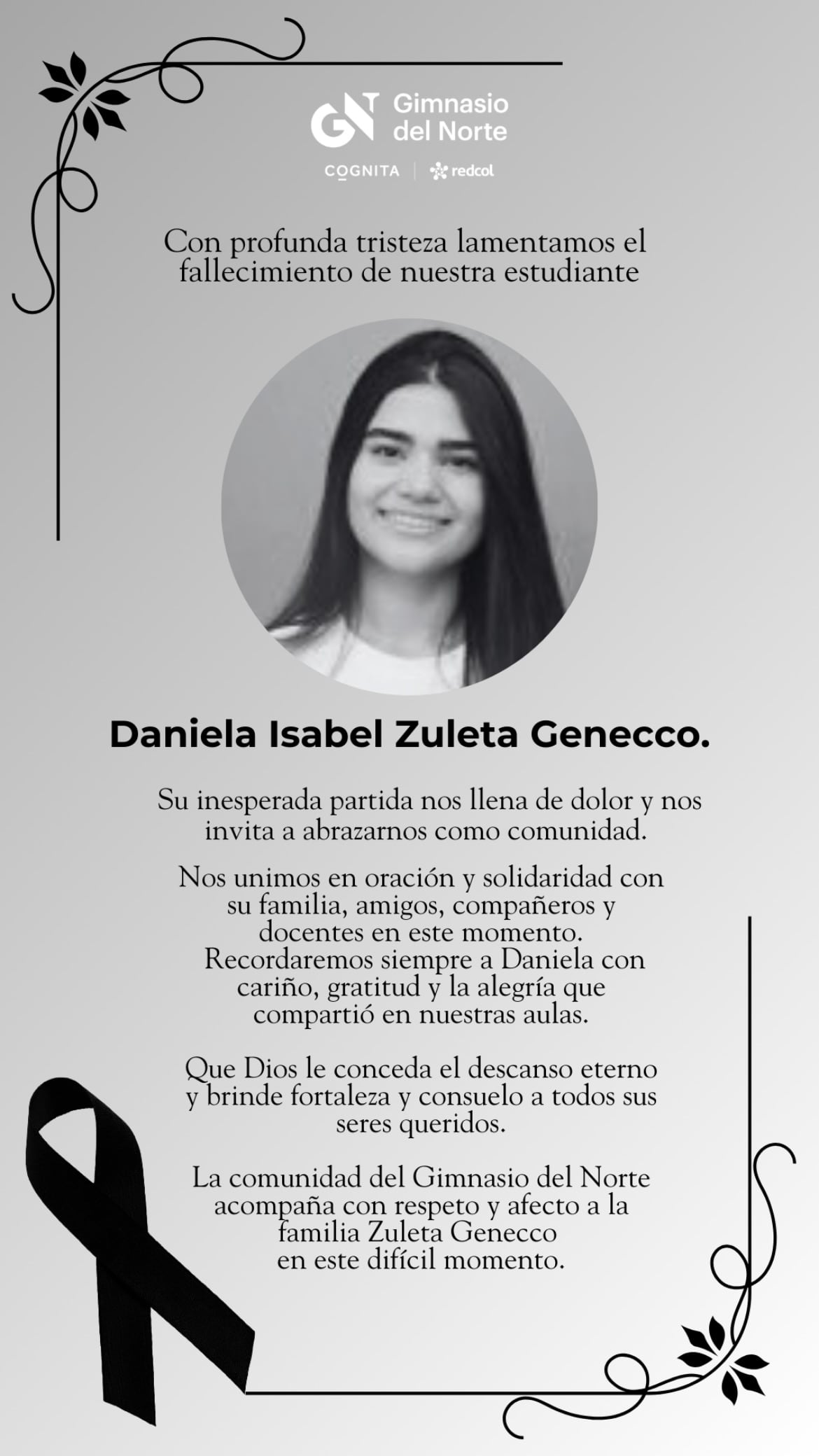 La comunidad educativa del Gimnasio del Norte lamentó profundamente el fallecimiento de Daniela Zuleta Gnecco - crédito @gimnortevup/ Instagram