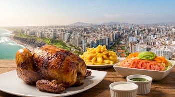 Pollo entero asado en un plato blanco, papas fritas, ensalada de lechuga, tomate, aguacate y zanahoria, dos salsas en pocillos blancos, fondo con la ciudad costera de Lima.