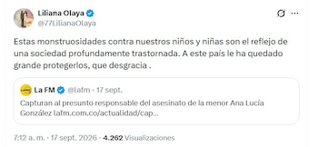 Liliana Olaya compartió un mensaje sobre el caso de la pequeña Ana Lucía González desde su cuenta de X el 17 de septiembre de 2026 - crédito @77LilianaOlaya/X