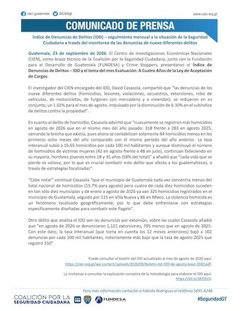 Documento en formato de comunicado de prensa emitido por el Centro de Investigaciones Económicas Nacionales sobre la seguridad en Guatemala