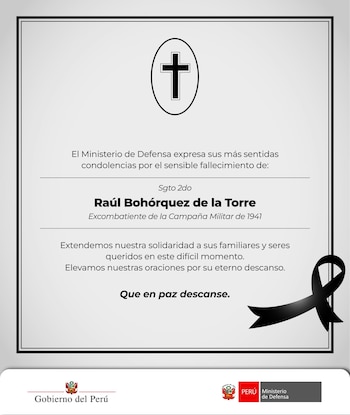 Un cartel de condolencias del Ministerio de Defensa de Perú por Raúl Bohórquez de la Torre, con una cruz, un lazo negro y los logos del gobierno