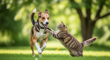 Un perro tricolor (6-7 años) y un gato atigrado (6-7 años) juegan sobre césped verde. El gato se alza sobre sus patas traseras hacia el perro, que sonríe. Fondo verde.