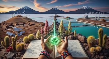 Manos sosteniendo un cristal verde brillante sobre un libro abierto. Al fondo, un paisaje andino con salares, volcanes, paneles solares, aerogeneradores y estanques de extracción de litio.