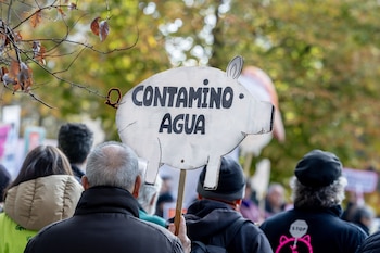 Imagen de un manifestante con una pancarta durante la concentración-performance “La subasta de nuestros pueblos”, convocada por la Coordinadora Stop Ganadería Industrial en Madrid. (Ricardo Rubio / Europa Press)