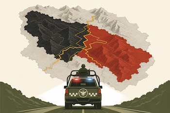 Un vehículo militar verde transita por una carretera frente a un mapa montañoso dividido en zonas rojas, negras y líneas amarillas.