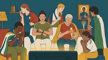 Ilustración de grupo diverso viendo TV; uno besa amuleto, otro ata cinta, uno enciende vela, y otro reza frente a una imagen religiosa de futbolista.