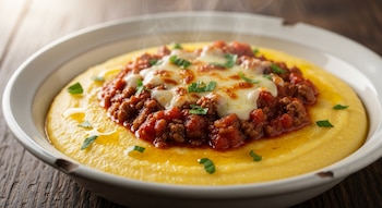 Primer plano de un plato de polenta amarilla humeante, cubierta con tuco rojo de carne, queso blanco fundido y perejil fresco, sobre una mesa de madera.