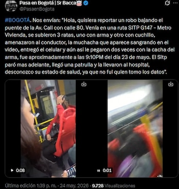 La víctima entregó su celular, pero fue agredida brutalmente con la cacha de un arma de fuego, ampliando la alarma entre los usuarios del Sitp en Bogotá - crédito @PasaenBogota / X