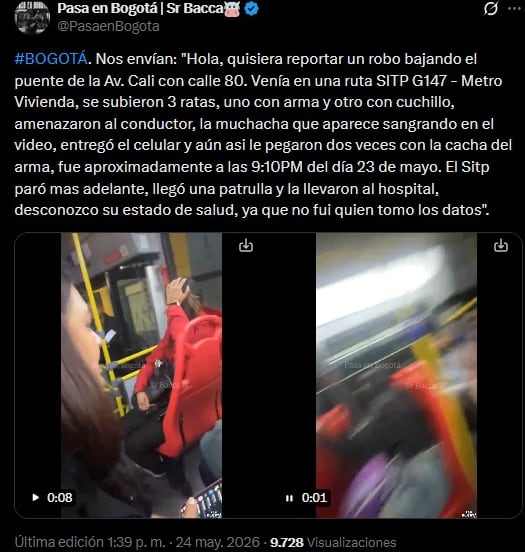 La víctima entregó su celular, pero fue agredida brutalmente con la cacha de un arma de fuego, ampliando la alarma entre los usuarios del Sitp en Bogotá - crédito @PasaenBogota / X