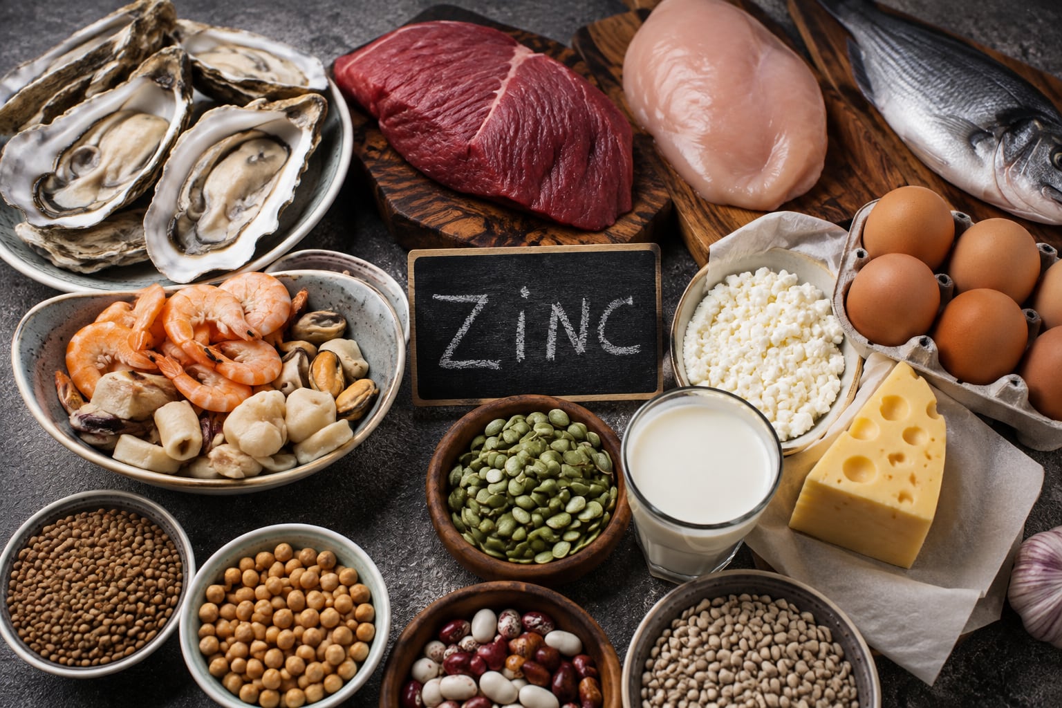 La mayoría de las personas obtiene zinc a través de alimentos como ostras, carnes, pescados, huevos, lácteos, semillas de calabaza y legumbres, y los suplementos requieren consulta profesional (Imagen Ilustrativa Infobae)