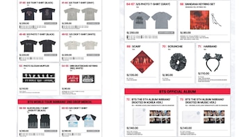 Catálogo con imágenes y precios en soles peruanos de camisetas, accesorios de moda y discos oficiales de la agrupación BTS