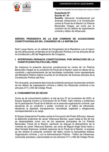 Denuncia constitucional presentada por Ruth