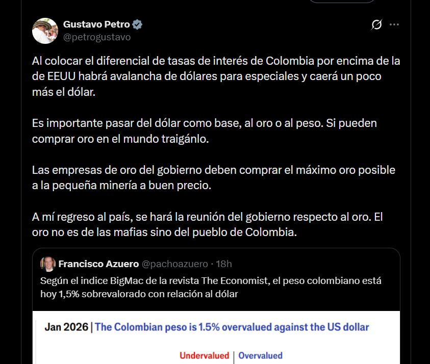 El repunte del precio del oro motivó al presidente Petro a sugerir una reevaluación de las reservas internacionales del país - crédito X