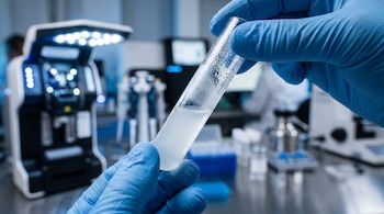 Manos con guantes azules de nitrilo sostienen un tubo de ensayo transparente con un líquido blanquecino frente a equipos de laboratorio.